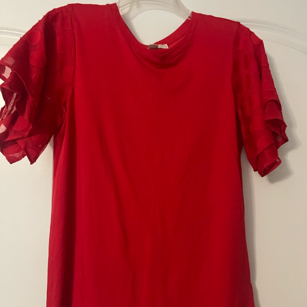 Red Short Sleeve Top with Textured Sleeves